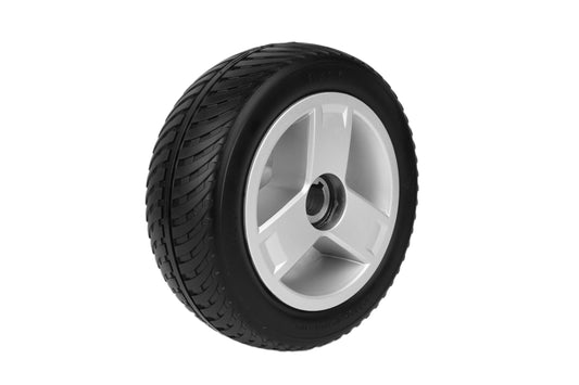Replacement 8" Flat-Free Rear Wheel Assembly for Pride Go-Go Scooters – PU-Foam, Silver Tri-Spoke Rim (WHLASMB1864)