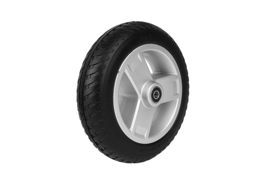 Replacement 8″ Front Wheel Assembly for Pride Go-Go 3-Wheel Scooters – Flat-Free Solid Tire, Silver 3-Spoke Rim (WHLASMB1872)